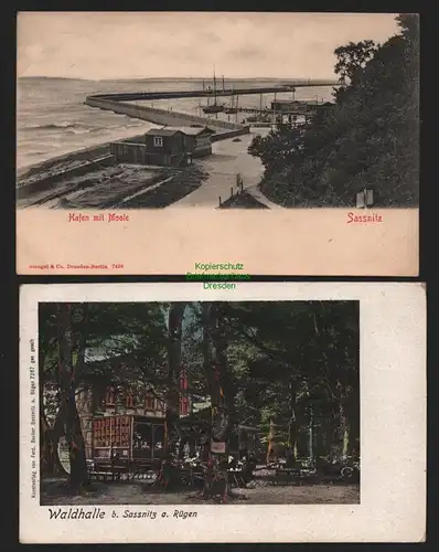 150226 2 AK Sassnitz auf Rügen um 1900 Hafen mit Mole Restaurant Waldhalle