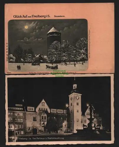 150209 2 AK Freiberg Sa. Um 1900 Donatsturm Rathaus Festbeleuchtung 1937