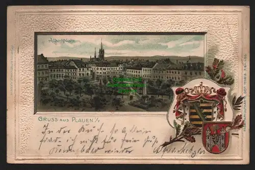 149795 AK Plauen Vogtl. Albertplatz Wappen Prägekarte 1900