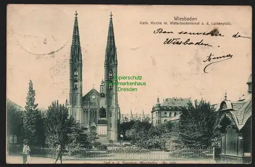 149343 AK Wiesbaden 1903 Kath. Kirche Waterloodenkmal Louisenplatz