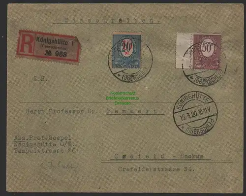 B14400 R-Brief Oberschlesien 1920 Königshütte nach Crefeld Bockum