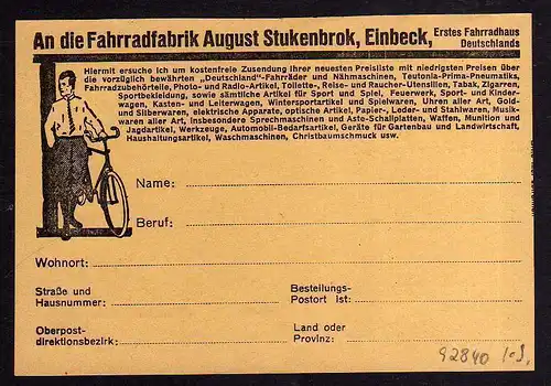 92840 AK Werbekarte Fahrrad Fabrik August Stukenbrok  Einbeck um 1925