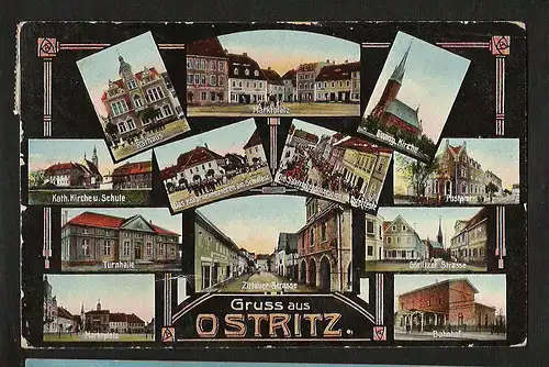 20547 AK Ostritz 12 Bilder Bahnhof Post Postamt Turnhalle Kirche Markt  ca 1910