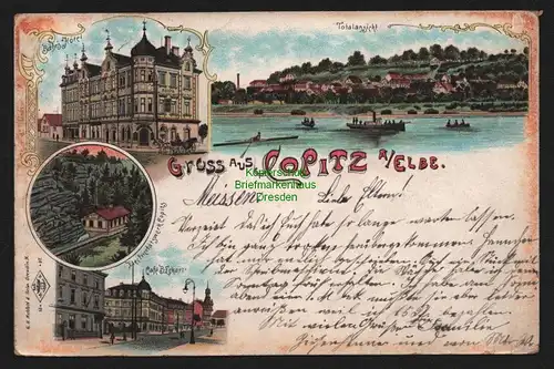 148671 AK Litho Copitz Elbe 1899 Bähr`s Hotel Cafe Eckart Elektrizitätswerk