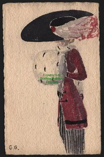 148604 AK Künstlerkarte Frau mit Hut und Muff um 1920