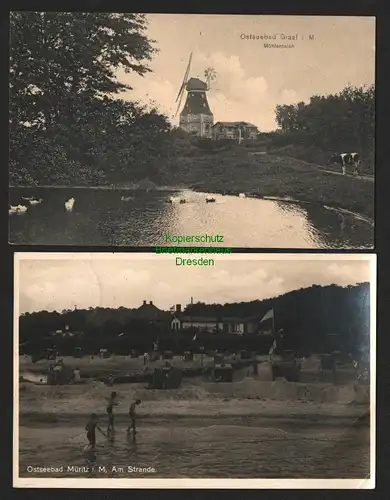 142885 2 AK Ostseebad Graal i. M. Mühlenteich Windmühle 1910 Strand 1930
