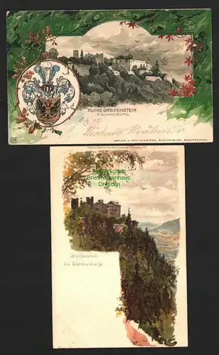 142959 2 AK Wappenprägekarte Litho Ruine Greiffenstein bei Blankenburg 1903