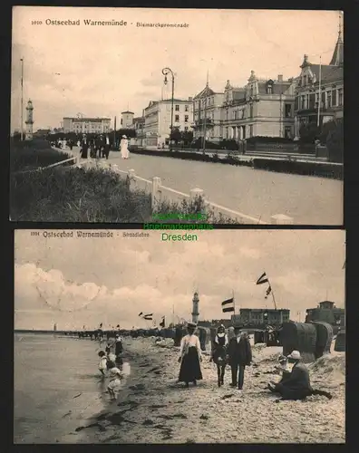 142355 2 AK Ostseebad Warnemünde Bismarckpromenade 1914 Strandleben 1912