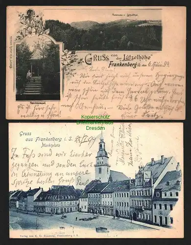 142379 2 AK Frankenberg Sachsen Marktplatz 1899 Lützelhöhe Strohtempel