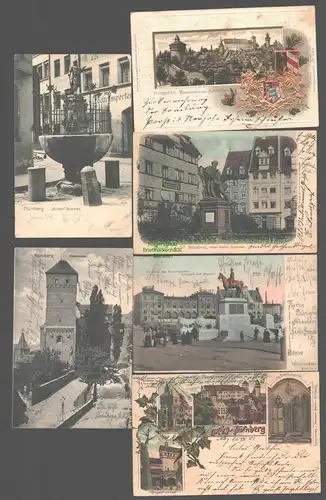 141887 6 AK Nürnberg Wappenprägekarte Grübel Brunnen Hans Sachs Denkmal