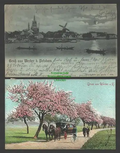 140906 2 AK Werder bei Potsdam 1898 mit Windmühle Mole Baumblüte 1906