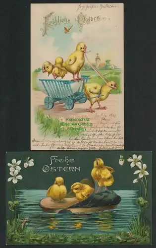 139137 2 AK Künstlerkarte Fröhliche Ostern Kücken Eier  Wagen 1903 1908