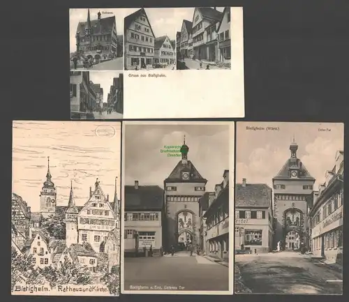 138379 4 AK Bietigheim Rathaus Apotheke Gasthaus zum Schützen 1918 Handelsbank