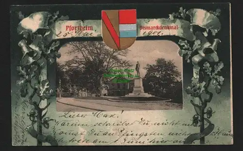 138086 AK Pforzheim Bismarckdenkmal Wappen 1901 Buchhandlung Riecker Eichenlaub