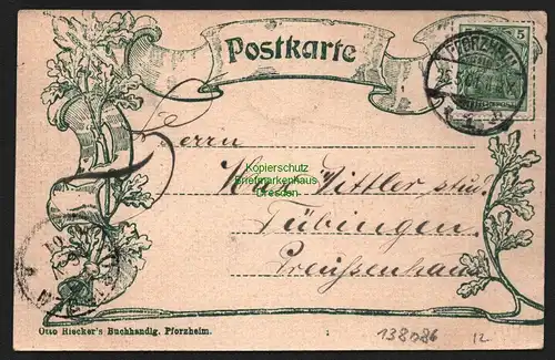 138086 AK Pforzheim Bismarckdenkmal Wappen 1901 Buchhandlung Riecker Eichenlaub