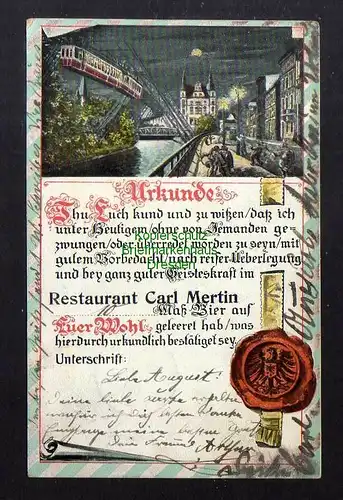 128614 AK Barmen 1903 Hotel Restaurant Mertin Parlamentstr. Urkunde 10 Maß Bier
