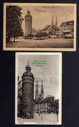 128459 2 AK Görlitz 1915 Nikolaigraben Feldpost Nicolaiturm Peterskirche 1925