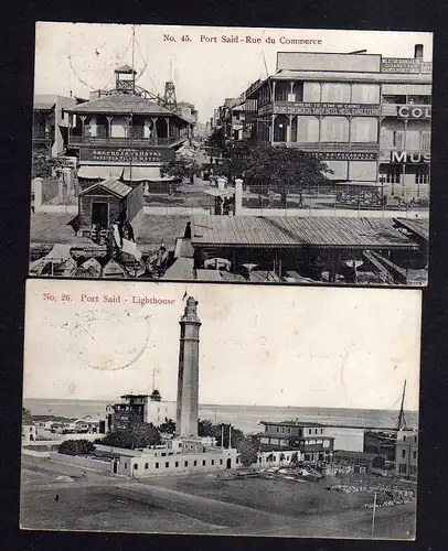 110550 2 AK Port Said 1908 Lighthouse Leuchtturm Egypte Hotel Rue du Commerce