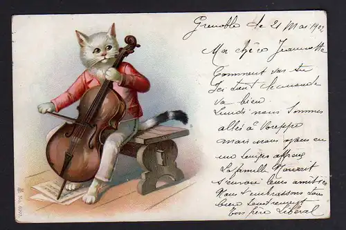 106944 AK Künstlerkarte 1902 Katze spielt Cello Tier vermenschlicht