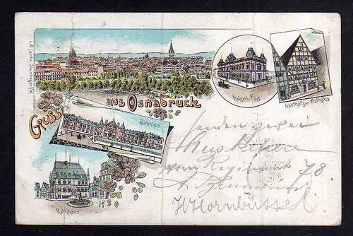 103569 AK Litho Osnabrück 1898 Bahnhof Rathaus Post Gasthof zur Walhalla