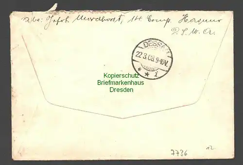 B7736 Deutsch Südwestafrika Brief Hasuur Keetmanshoop 1908 an Lewinsohn Dessau