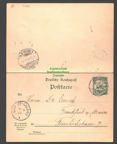 B7842 Deutsch Ostafrika DOA Ganzsache Doppelkarte Bukoba Pesa 1901 Dar-Es-Salaam