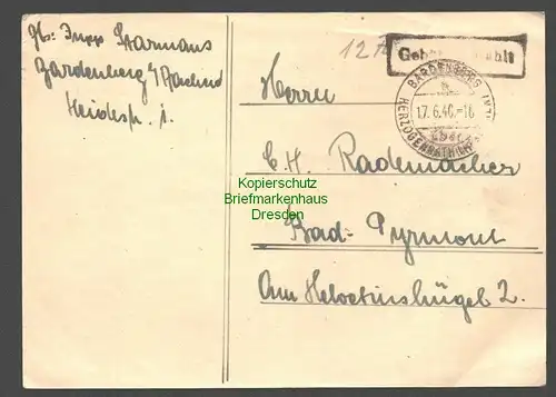 B7822 Postkarte Gebühr bezahlt Bardenberg über Herzogenrath 1946 n. Bad Pyrmont