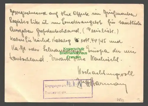 B7822 Postkarte Gebühr bezahlt Bardenberg über Herzogenrath 1946 n. Bad Pyrmont