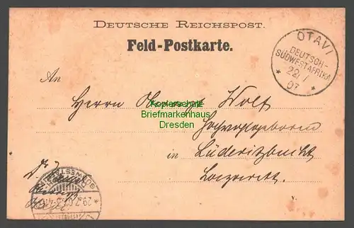 B7762 Deutsch Südwestafrika Feld-Postkarte Otavi 1907 nach Lüderitzbucht