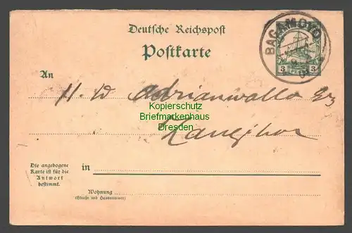 B7837 Deutsch Ostafrika DOA Ganzsache nur Frageteil 3 Pesa Bagamoyo 1901