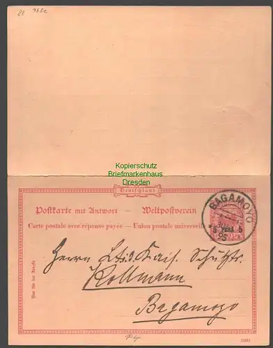 B7836 Deutsch Ostafrika DOA Ganzsache Doppelkarte 1192f Bagamoyo 1895