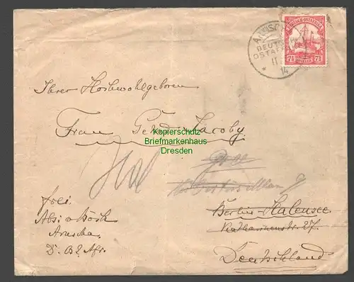 B7835 Deutsch Ostafrika DOA Brief 11.5.1914 mit Nachsendevermerken