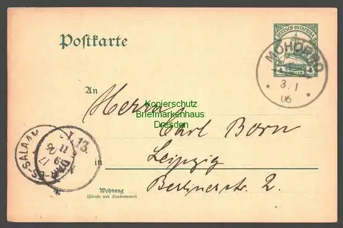 B7851 Deutsch Ostafrika DOA Ganzsache Mohorro 1906 Dar-Es-Salaam nach Leipzig
