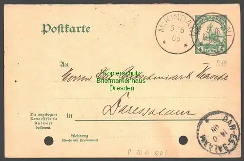 B7850 Deutsch Ostafrika DOA Ganzsache Frageteil Mikandani 1905 Dar-Es-Salaam