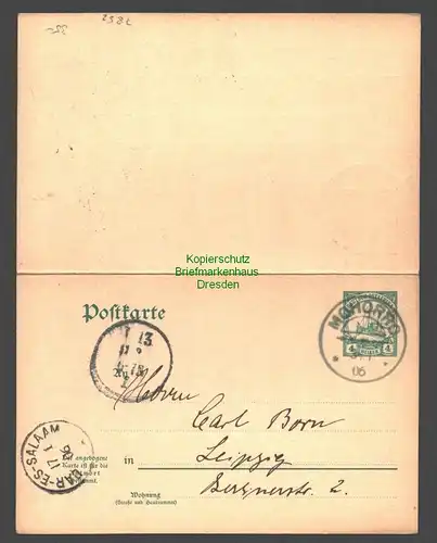 B7852 Deutsch Ostafrika DOA Ganzsache Doppelkarte Mohorro 1906 Dar-Es-Salaam