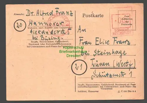 B7808 Postkarte Ganzsache Hannover 1945 nach Lünen Westf.