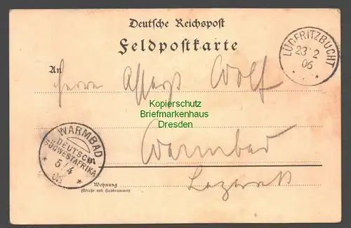 B7763 Deutsch Südwestafrika Feld-Postkarte Lüderitzbucht 1906 nach Warmbad