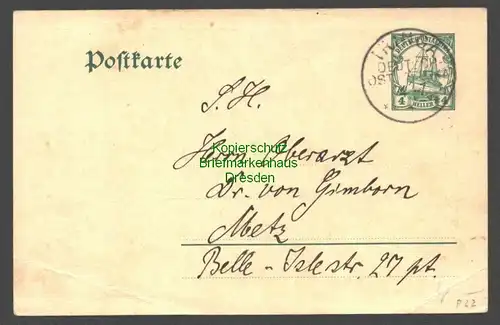 B7843 Deutsch Ostafrika DOA Ganzsache 4 Heller Iringa 1912 nach Metz