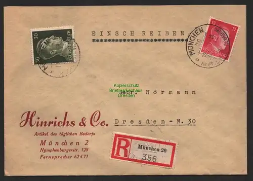 B9601 R-Brief Gebr. Hörmann A.-G. München 9 Hinrichs & Co. 1943 Artikel des tägl