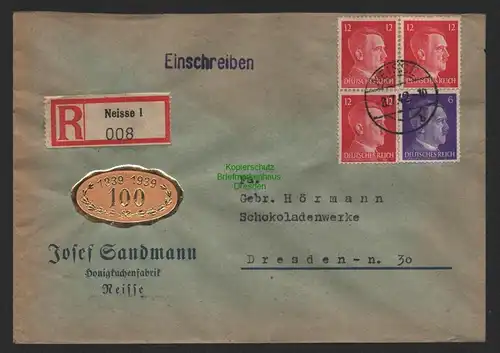B9606 R-Brief Gebr. Hörmann A.-G. Neisse 1 J. Sandmann Honigkuchenfabrik  1942