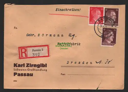 B9683 R-Brief Gebr. Hörmann A.-G. Passau 2 Karl Zirngibl Süßwaren-Großhandlung