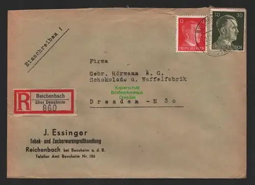 B9667 R-Brief Gebr. Hörmann A.-G. Reichenbach über Bensheim J. Essinger  1943 Ta