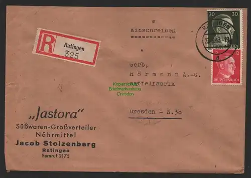 B9660 R-Brief Gebr. Hörmann A.-G. Ratingen Jacob Stolzenberg  1943 Jastora Süßwa