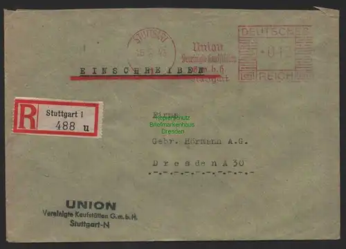 B9755 R-Brief Gebr. Hörmann A.-G. Stuttgart 1 u  1943 UNION Verein. Kaufstätten