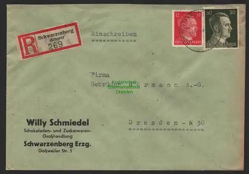 B9721 R-Brief Gebr. Hörmann A.-G. Schwarzenberg Erzgeb 269  Willy Schmiedel 1943