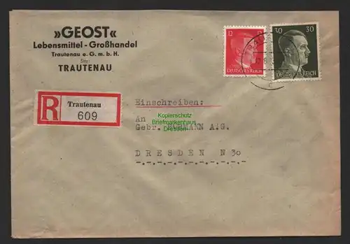 B9765 R-Brief Gebr. Hörmann A.-G. Trautenau 609 1943 Geost Lebensmittel Groß