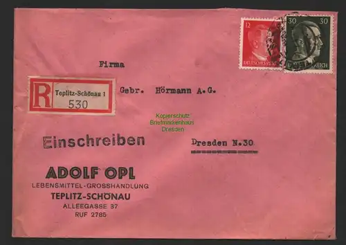 B9759 R-Brief Gebr. Hörmann A.-G. Teplitz-Schönau 1 530  Adolf Opl 1943 Lebensm