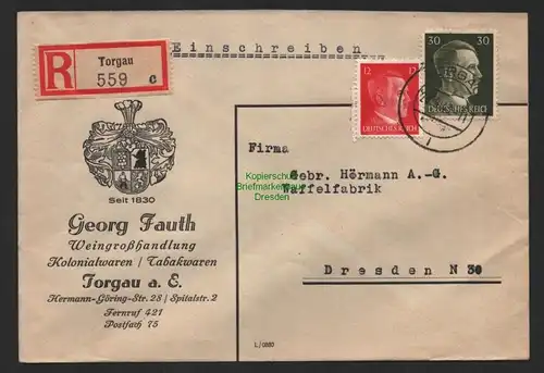 B9764 R-Brief Gebr. Hörmann A.-G. Torgau c Georg Fauth 1943 Weingroßhandlung