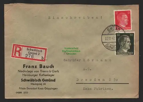 B9720 R-Brief Gebr. Hörmann A.-G. Schwäbisch Gmünd 2 b Franz Bauch 1942 Thams &
