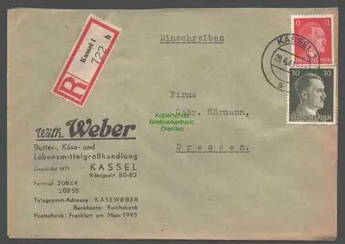 B9447 R-Brief Gebr. Hörmann A.-G. Kassel 1 h 1943 Wilh. Weber Butter-, Käse- und